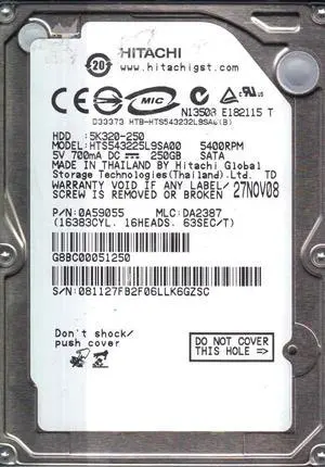 HTS543225L9SA00, PN 0A595055, MLC DA2387, Hitachi 250GB SATA 2.5 Hard Drive