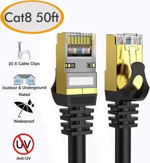 Cat 8 Ethernet Cable 50 ft Shielded, 26AWG Lastest 40Gbps 2000Mhz SFTP Patch Cord, Heavy Duty High Speed Cat8 LAN Network RJ45 Cable- in Wall, Outdoor, Weatherproof Rated for Router, Modem, Gaming Cat 8 Ethernet Cable 50 ft Shielded, 26AWG Lastest 40Gbps 2000Mhz SFTP Patch Cord, Heavy Duty High Speed Cat8 LAN Network RJ45 Cable- in Wall, Outdoor, Weatherproof Rated for Router, Modem, Gaming