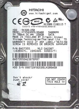 HTS543225L9SA00, PN 0A57355, MLC DA2387, Hitachi 250GB SATA 2.5 Hard Drive