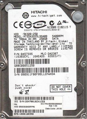 HTS543225L9SA00, PN 0A57335, MLC DA2387, Hitachi 250GB SATA 2.5 Hard Drive