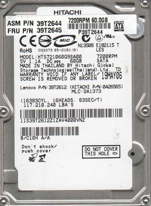 HTS721060G9SA00, PN 0A26565, MLC DA1373, HITACHI 60GB SATA 2.5 Hard Drive