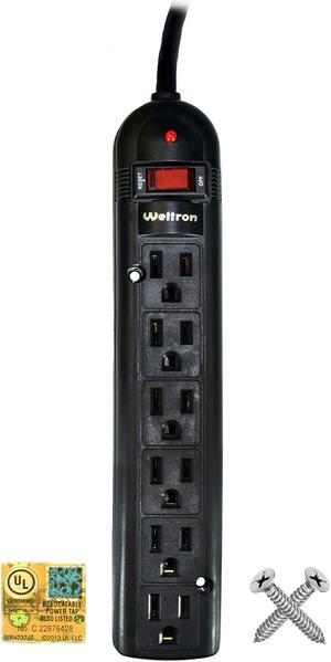 WELTRON 10ft Power Cord 6-Outlet Surge Protector Power Strip Black WSP600PLF10BK