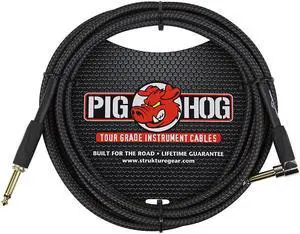 Pig Hog Instrument Cable Black Woven 1/4" to 1/4" Right Angle 10 ft. Black Woven