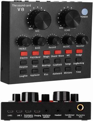 Live Sound Card V8 Voice Changer Dual DSP Noise Reduction Chip Audio Mixer Multiple Funny Effects for Phone Computer Game Ipad Karaoke Streamer Recording Black
