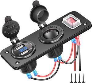 Dual USB Socket Charger 2.1A & 2.1A with LED Voltmeter + 12V Power Outlet + ON-Off Toggle Switch Four Functions Panel for Car Boat Marine RV Truck Vehicles GPS Mobiles