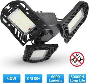 LED Garage Lights 6000LM Deformable Garage Ceiling Lights 60W E26 / E27 Basement Light Ultra-Bright Trilight Lamp Set with 3 Adjustable Panels 6000K Daylight for Garage Warehouse Workshop