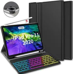 Keyboard Case for iPad Pro 11 2020 2nd Generation & 2018 Magnetical Detachable Wireless Keyboard with Pencil Holder [Support Apple Pencil Charging] - PU Leather Folio Stand Cover with 7 Colors Backlit