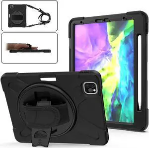 iPad Pro 11 inch Case 2021 & 2020 & 2018 with Apple Pencil Holder, Rugged Heavy Duty 360 Rotating Kickstand Protective Cover with Shoulder Strap for iPad Pro 11” 2rd  Gen 2021 / 2nd Gen 2020 / 1st Gen