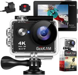GeeKam Action Camera 4K WiFi Ultra HD Underwater 30M Waterproof 170° Wide Angle Lens Sports Camcorder with Remote Control 2 Rechargeable Batteries and Mounting Accessories Kit
