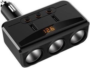 3 Sockets DC 12V/24V Cigarette Lighter Splitter, 3.1ADual USB Car Charger Adapter Voltmeter