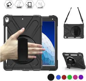iPad AIR 3rd Generation 10.5” 2019 Case iPad Pro 10.5 inch 2017 Case - Heavy Duty Shockproof Protective Case Cover with Pencil Holder Rotating Stand / Hand Strap Carrying Shoulder Strap