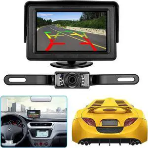Werleo Backup Rear View Car Camera Screen Monitor System Universal License Plate Reverse Car Rear View Camera Waterproof Night Vision + 4.3 inch LCD Rearview Monitor for Vehicles Truck Van Caravan