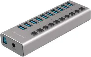 USB 3.0 Hub with Power Adapter and Charging Port & Individual Power Switches for Windows Vista 7 8 10 MacOS-8/9/X Unix Linux 10 Port Gray