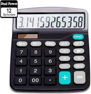 Calculator, 12-Digit Solar Battery Basic Calculator, Solar Battery Dual Power Office Calculator, with Large LCD Display and Large Buttons (Battery Included)