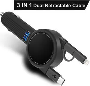 WERLEO Car Charger with 2.3ft Dual Retractable Cable Multi 3 in 1 Adapter Compatible Samsung Galaxy S9 S8 Note 8 LG V30 G5 Google Pixel XL iPhone Xs Max XR X 8 7 6 Plus,Android Devices & 1 USB Port