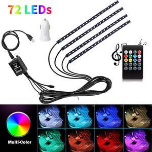 Car Interior Lights USB 4pcs 8 Color 72 LED Multicolor Music Car LED Strip Lights Car Atmosphere Lights LED Strip for TV with Sound Active Function Wireless Remote Control with USB Port