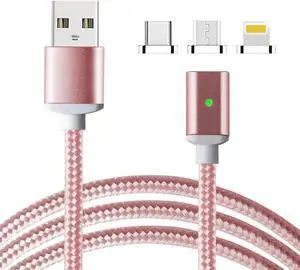 Werleo 3 in 1 Magnetic Charger Cable with Micro USB / Type C / Lightning Connector Compatible with Android iPhone Devices Charging Data Sync Transfer Rose Gold
