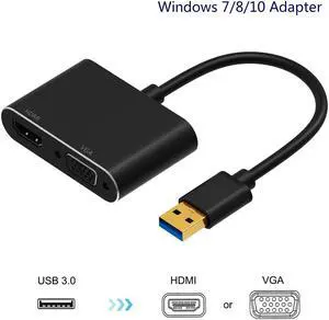 USB 3.0 to HDMI VGA Adapter Gold-Plated Dual Output USB to VGA HDMI HD 1080P Converter Cable for Windows 7 / 8 / 10 Computers Black