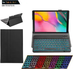 Samsung Galaxy Tab A 10.1 2019 Keyboard Case with 7 Color Backlights Ultra Thin PU Leather Slim Folio Stand Cover Removable Wireless Bluetooth Backlit Keyboard Case for Galaxy Tab A 10.1 SM-T510 T515