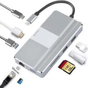 USB C Hub 8 in 1 Aluminum Type C Adapter with 3 USB 3.0 Port RJ45 Ethernet 4K USB C to HD Video SD / TF Card Reader Supports 100W PD Fast Charging For Macbook Pro / Mini Surface Other Type C Laptops