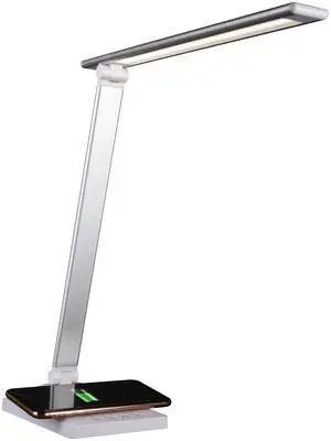 OttLite CSDQA02W-SHPR Wellness Series Entice LED Desk Lamp with Wireless Charging - Silver Arm - 11" to 22" High - White