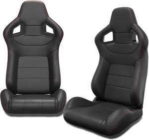 Racing Seats, 2PCS Universal PVC Leather Racing Bucket Seats Sport Pair Adjustable Seats with Sliders(Black & red Stitching)