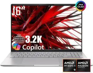 ASUS Vivobook S16 Copilot PC, 16" 3.2K OLED 120Hz Display, 10-Core AMD Ryzen AI 9 365, 32GB LPDDR5X 7500MHz RAM 2TB SSD, AMD Radeon 880M Graphics, Wi-Fi 6E, 1-Zone RGB Backlit Keyboard, Win11 Home