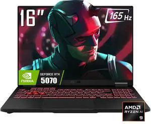 ASUS TUF A16 16" FHD+ 165Hz Gaming Laptop, AMD Ryzen AI  9 270 CPU(Up to 5.2 GHz), NVIDIA GeForce RTX 5070 8GB GDDR7, 32GB DDR5 RAM 1TB PCIe 4.0 SSD, RGB Backlit KB, RJ45, Win11 Home