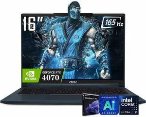 MSI Stealth 16 AI Gaming Laptop, Intel Core Ultra 9 185H (Up to 5.1GHz), 16" FHD+(1920x1200) 165Hz Display, 64GB DDR5 RAM / 4TB PCie SSD, NVIDIA GeForce RTX 4070, Backlit Keyboard, Wi-Fi 7, Win11 Pro MSI Stealth 16 AI Gaming Laptop, Intel Core Ultra 9 185H (Up to 5.1GHz), 16" FHD+(1920x1200) 165Hz Display, 64GB DDR5 RAM / 4TB PCie SSD, NVIDIA GeForce RTX 4070, Backlit Keyboard, Wi-Fi 7, Win11 Pro