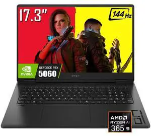 HP OMEN Gaming Laptop, 17.3" FHD 144Hz IPS LED Display, AMD Ryzen AI 9 365 (Up to 5 GHz), NVIDIA GeForce RTX 5060 8GB GDDR7, 32GB DDR5 1TB SSD, 1-Zone RGB Backlit Keyboard, Wi-Fi 6E, RJ-45, Win11 Home