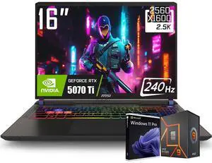 MSI Vector A16 Gaming Laptop, 16" WQXGA 240Hz Display, AMD Ryzen 9 8940HX (Up to 5.3 GHz), Geforce RTX 5070 Ti with 12GB GDDR7, 64GB DDR5 / 2TB PCIe SSD, 4 Zone RGB Keyboard, RJ-45, WiFi 7, Win11 Pro