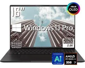ASUS Vivobook AI Computer Laptop, 16" 3K OLED 16:10 120Hz 600 Nits Display, AMD Ryzen AI 7 350 (Up to 5.0GHz), 16GB LPDDR5X RAM / 1TB SSD, AMD Radeon 860M, 1-Zone RGB Backlit KB, Win11 Pro ASUS Vivobook AI Computer Laptop, 16" 3K OLED 16:10 120Hz 600 Nits Display, AMD Ryzen AI 7 350 (Up to 5.0GHz), 16GB LPDDR5X RAM / 1TB SSD, AMD Radeon 860M, 1-Zone RGB Backlit KB, Win11 Pro