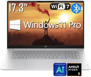 HP OmniBook 3 Business AI Laptop, 17.3" FHD IPS 300 Nits Anti-glare Display, AMD Ryzen 5 40 (Up to 4.3GHz), 8GB LPDDR5 / 512GB SSD, Wi-Fi 7, Bluetooth 6.0, AMD Radeon 610M, Win 11 Pro HP OmniBook 3 Business AI Laptop, 17.3" FHD IPS 300 Nits Anti-glare Display, AMD Ryzen 5 40 (Up to 4.3GHz), 8GB LPDDR5 / 512GB SSD, Wi-Fi 7, Bluetooth 6.0, AMD Radeon 610M, Win 11 Pro