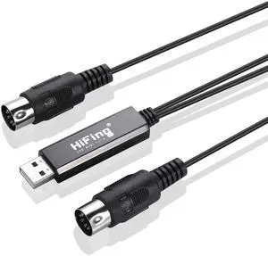 HiFing USB IN-OUT MIDI Cable One In One Out Interface 5 Pin Line Converter PC to Music Keyboard Adapter Cord Black