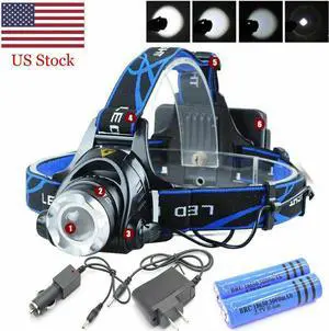 1200000LM Rechargeable Head light LED Tactical Headlamp Zoomable+2x Charger+Batt