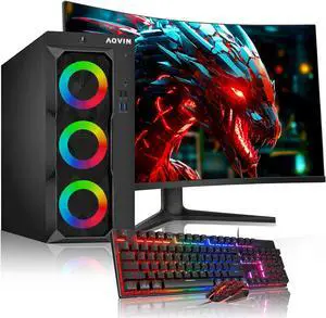 AQVIN Gaming Computer Desktop PC - Intel Core I5 Processor Up to 4.10 GHz - 27-inch Curved gaming Monitor - GeForce GTX 1650 GDDR5 4GB Graphics Card - 32GB RAM- 1TB SSD(1000GB) - WiFi - Windows 11 Pro