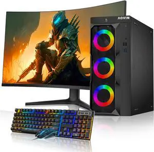 AQVIN LuminaRings Gaming PC Desktop Tower Computer, Intel Core I7, GTX 1050Ti Graphics Card(HDMI), 1TB SSD, 32GB DDR4 RAM, Windows 10 Pro, 27-inch Curved Gaming Monitor, RGB Lights, WiFi, RGB