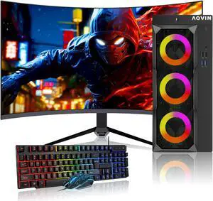 Gaming PC - AQVIN LuminaRings Desktop Computer/ Intel core I7 Up to 4.20 GHz / GeForce GTX 1630 4GB DDR6 Graphics Card / 1TB SSD/ 32GB DDR4 RAM / 27 Inch Curved Monitor / RGB / WiFi / Windows 10 Pro