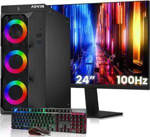 AQVIN LuminaRings Gaming PC Tower Desktop Computer PC - Intel quad Core I7 CPU Up to 4.00GHz | 32GB DDR4 RAM | 512GB SSD | AMD Radeon RX 550 4GB GPU | 24-Inch FHD Monitor | Windows 10 Pro