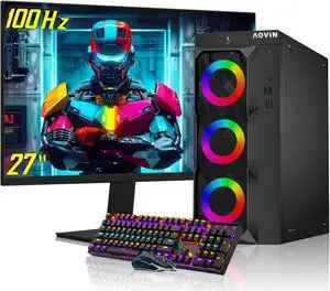 AQVIN LuminaRings Gaming Desktop PC Windows 10 Pro Tower Computer - Quad Core I7 Processor Up to 4.00GHz | Radeon RX 550 4GB | 32GB DDR4 RAM | 1TB SSD | 27-Inch FHD Monitor | Gaming Keyboard Mouse