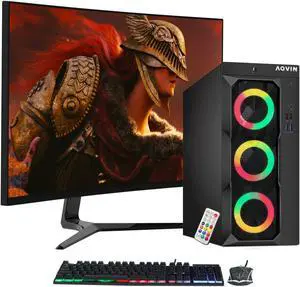AQVIN LuminaRings Gaming PC Desktop Tower Computer, Intel Core I7, GTX 1050Ti Graphics Card(HDMI), 1TB SSD, 32GB DDR4 RAM, Windows 10 Pro, 27-inch Curved Gaming Monitor, RGB Lights, WiFi, RGB