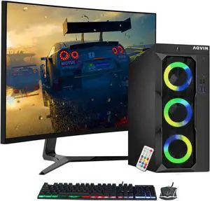 AQVIN Prebuild LuminaRings Gaming Desktop Computer Tower PC | 27-Inch Curved Monitor | RX 550 4GB GDDR5 GPU Card(HDMI) | Intel Core I7 Processor | 32GB DDR4 RAM |1TB SSD(1000GB) | RGB | Windows 10 Pro