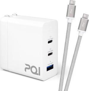 PQI 65W USB C Wall Charger & Type C Charging Cable Bundle | 65 Watt GaN Tech Adapter USB Plug | 3 Ports (2 USB-C/1 USB-A) | Supports PD 3.0 Fast Charging | Compatible with Apple iPhone 12 & Up | White