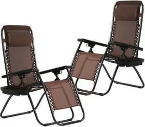 New Set of 2 Zero Gravity Chairs Reclining Folding Chairs Yard Bench with Holder