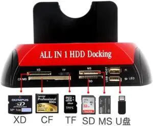 External Dual Port HDD Docking Station Hub with USB Port Memory Card Slot IDE SATA Data Reader XD/TF/CF/MD/Micro SD Cardreader