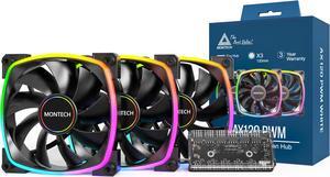 MONTECH AX 120MM - PWM Fan - Silent Performance - High Speed 1600PWM - High-End Durability with HDB Bearing - Stunning Outer Ring ARGB Lighting Design  3 in 1 Pack with 6X6 Fan Hub - Black