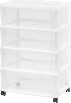 IRIS USA Plastic 4 Drawer Wide Storage Cart with 4 Caster Wheels, White