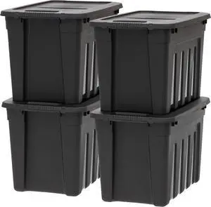 IRIS USA 20 Gallon Utility Totes with Easy-Grip Handles, 4 Pack - Black, Heavy-Duty Durable Stackable Storage Containers, Large Garage Organizing Bins Moving Tubs, Rugged Sturdy Camping Equipment