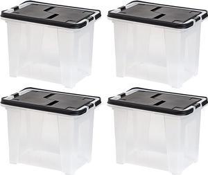 IRIS USA, Inc. Letter Size Portable Wing-Lid File Box, 4 Pack, Stackble, BPA-Free Plastic Storage Bin Tote Organizer with Handles, Easy Portability, Clear/Black