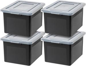 IRIS USA 4 Pack Letter/Legal File Tote Box, Plastic Storage Bin Tote Organizer with Durable and Secure Latching Lid, Black/Clear